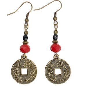 Red and Black Glass Dangle Earrings with Brass Asian Coin Drop - Handmade